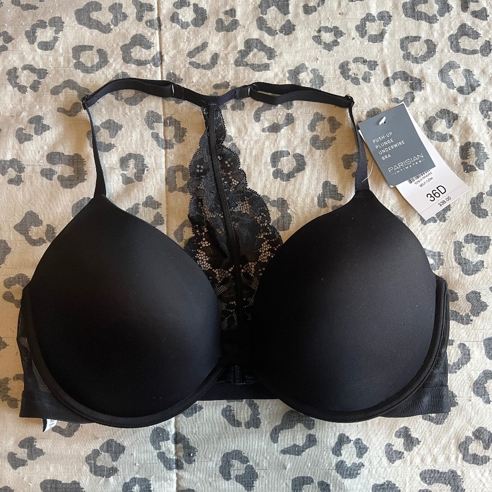 NWT! Black Push Up Bra 36D New w/Tags Front Clasp to Open Never Worn Lace Back